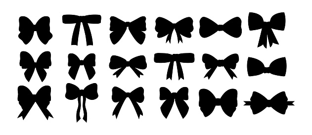 Collection of bows in hand drawn style in black. Item of decoration and wardrobe. Tie. Vector illustration. Doodle. A set of items for holiday and celebration. Isolated. White background. Knot. Gift bow in the form of a silhouette