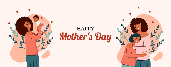 Trendy Mother's Day card. An African American woman hugs her daughter and the woman lifts up her baby. Generation and family. Mom with children. Vector. 12 May. Set of characters in flat style. Flowers. Caring for family and love