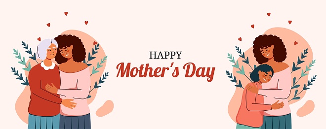 Trendy Mother's Day card. An elderly African-American woman hugs her daughter and a woman hugs a teenage girl. Generation and family. Mom with children. Vector. 12 May. Set of characters in flat style. Hug and support. Caring for family and love