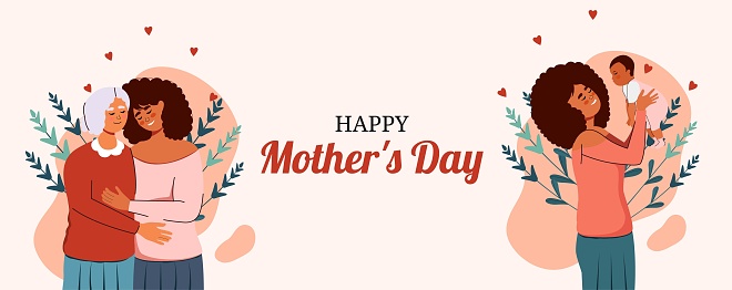 Trendy Mother's Day card. An elderly African-American woman hugs her daughter and the woman lifts the baby up. Generation and family. Mom with children. Vector. 12 May. Set of characters in flat style. Hug and support. Caring for family and love