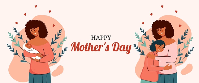Card for Mother's Day. African American woman hugs her baby daughter and cuddles her child. Generation and family. Mom with children. Vector. 12 May. Set of characters in flat style. Hug and support. Caring for family and love