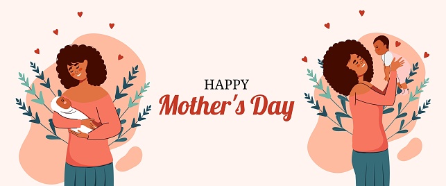 Card for Mother's Day. African American woman hugs her baby daughter and holds her son. Generation and family. Mom with children. Vector. 12 May. Set of characters in flat style. Hug and support. Caring for family and love