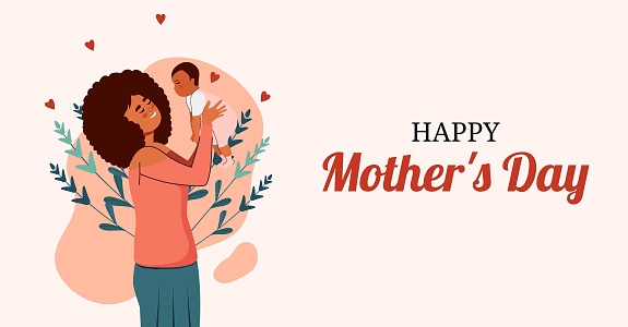 Card for Mother's Day. African American woman lifts baby up. Generation and family. Mom with daughter or son. Vector. 12 May. Characters in flat style. Hug and support. Caring for family and love