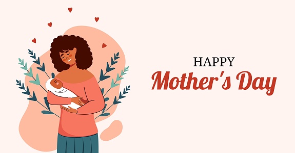 Card for Mother's Day. An African American woman holds a swaddled baby in her arms. Generation and family. Mother with daughter. Vector. 12 May. Characters in flat style. Hug and support. Caring for family and love