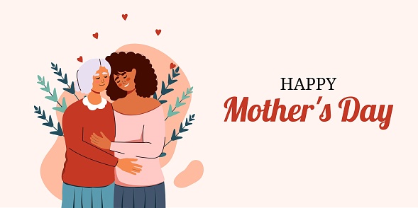 Card for Mother's Day. African American women. Generation and family. An elderly mother with her daughter. Vector. 12 May. Characters in flat style. Mom, daughter, grandmother. Hug and support. Care
