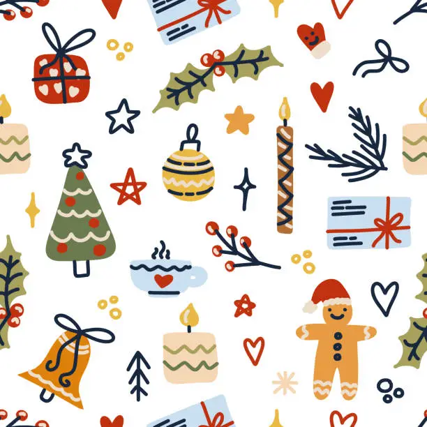 Vector illustration of Seamless pattern with decorated Christmas trees, candles, holly berry and gingerbread man, gift boxe