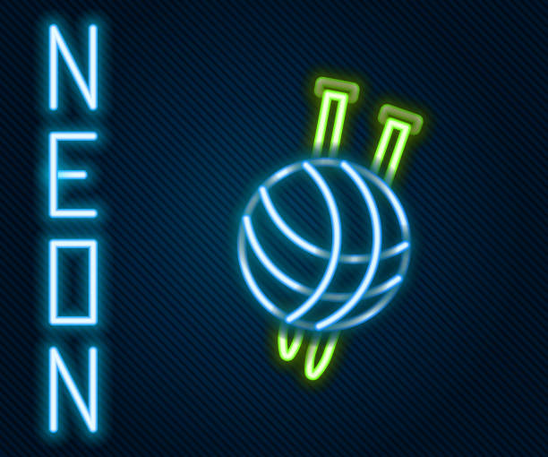 istock Glowing neon line Yarn ball with knitting needles icon isolated on black background. Label for hand made, knitting or tailor shop. Colorful outline concept. Vector 2141277099