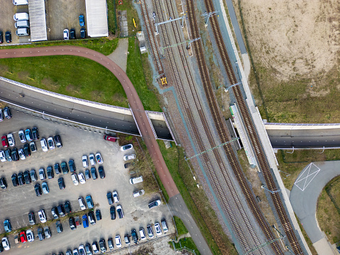 Top view of underpass with cycle path and train tracks at the top in Zwolle in the Netherlands
