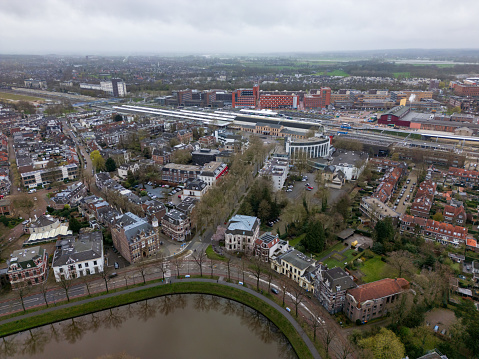 Aerial view of Zwolle train station from the city center in the Netherlands