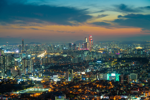 Aerial view of the capital city of Seoul in South Korea, seen at sunset.