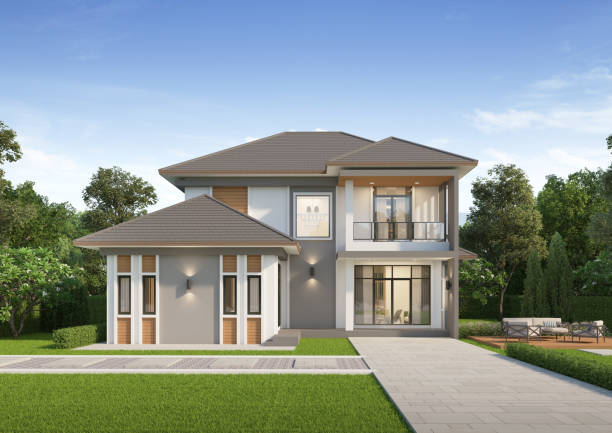 istock Modern house exterior day light with lawn grass.3d rendering 2141319585
