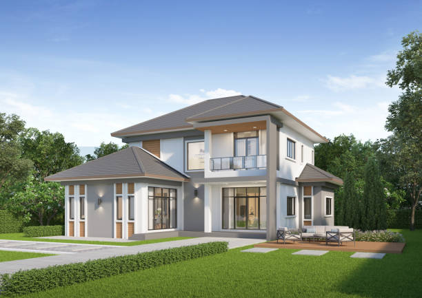 istock Modern house exterior day light with lawn grass.3d rendering 2141319586