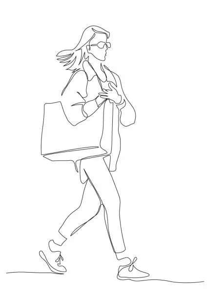 Vector illustration of Woman with shopping bag walking on street. Continuous line drawing. Black and white vector illustration in line art style.