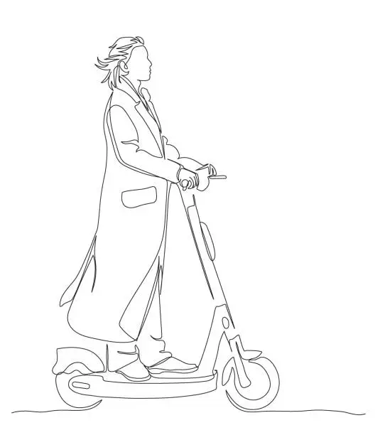 Vector illustration of Woman in long coat riding electric scooter. Side view. Continuous line drawing. Black and white vector illustration in line art style.