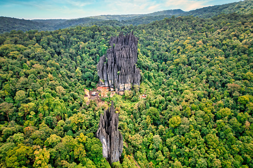 An aerial view of Yana Rocks surrounded by lush green vegetation. Yana, India