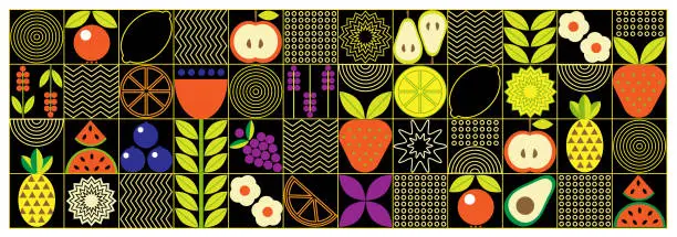 Vector illustration of Abstract geometric fruit pattern. Shapes of natural organic flower plants, eco-agriculture citrus. Vector minimal illustration