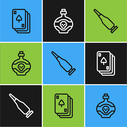 Set line Playing cards, Bullet and Poison bottle icon. Vector.