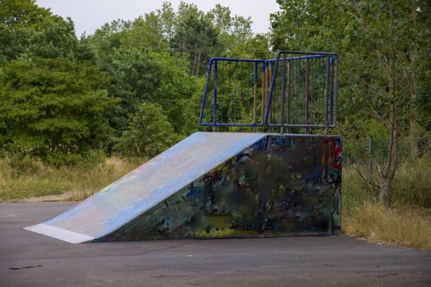 Skate park with different halfpipes in summer