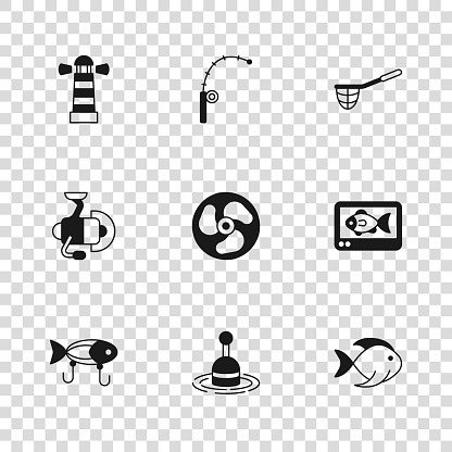 Set Fishing float in water finder echo sounder Outboard boat motor net Lighthouse rod and Spinning reel for fishing icon. Vector.