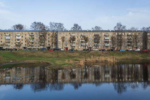 Riga, Latvia - April 1, 2024: Soviet-era architecture, residential houses in Kengarags district