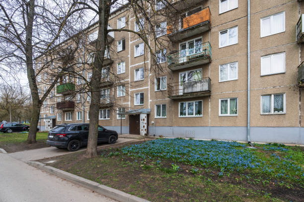 Riga, Latvia - April 1, 2024: Soviet-era architecture, residential houses in Kengarags district