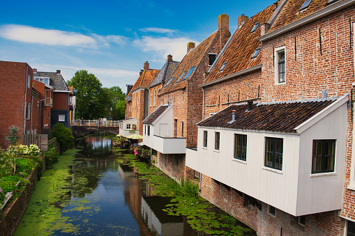 Appingedam, Netherlands, Aug. 8, 2023. The so-called hanging kitchens of medieval buildings along a canal in the town of Appingedam, province of Groningen, the Netherlands