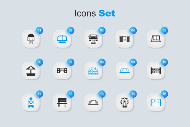 istock Set Ferris wheel, Playground kids bridge, Attraction carousel, Rocket ship toy, Education logic game, Hopscotch and climbing equipment icon. Vector 2141389455