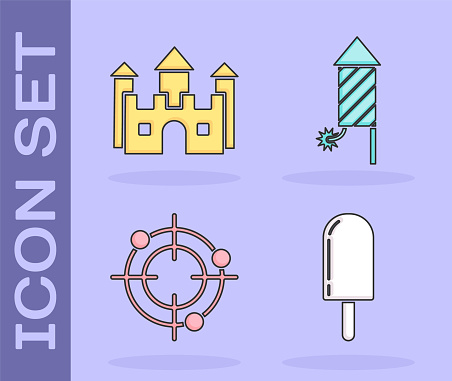 Set Ice cream, Castle, Target sport for shooting competition and Firework rocket icon. Vector