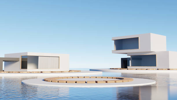 istock 3d render, Architecture building with landscape sea and sky background, abstract futuristic architecture design, horizontal view, empty scene for mock up. 2141394833
