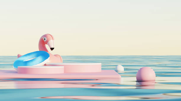 istock 3D render, minimal Summer background with empty podium or pedestal platform for showing product, cosmetic scene for mock up, beach swim elements decoration. 2141395354