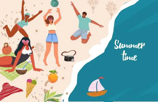 Vector illustration of Summer time. Horizontal advertising banner of recreation, relax, travel theme. Trendy young people sunbathe on beach. Top view.