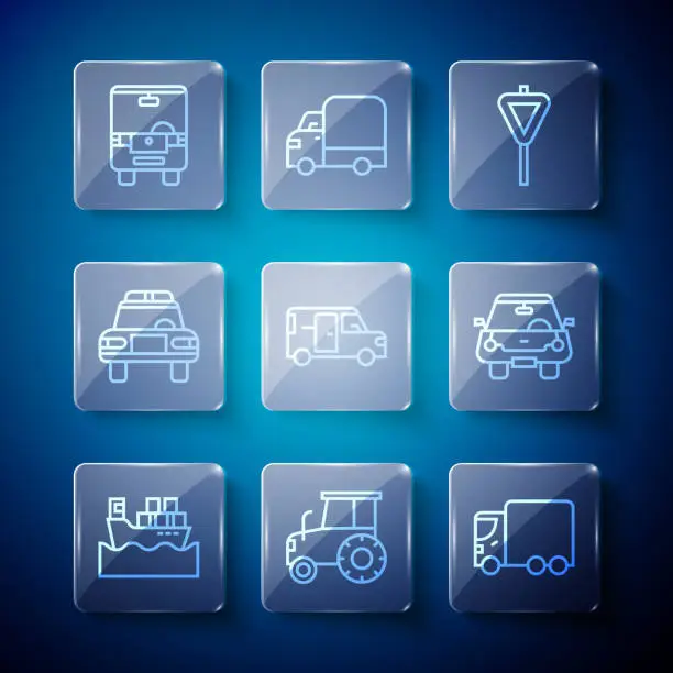Vector illustration of Set line Cargo ship with boxes, Tractor, Delivery cargo truck, Road traffic signpost, Minibus, Police and flasher, Bus and icon. Vector