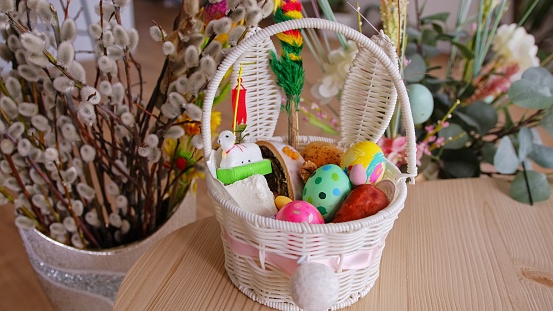 Traditional Polish Easter Food Basket Prepared For Blessing during Great Holy Saturday Catholic Church Service