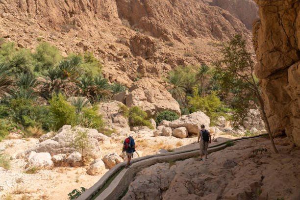 Tourists in picturesque gorge Wadi Shab in Oman Distant tourists in picturesque gorge among cliff, you can get there by boat over the lagoon of flowering water lily. Oman wadi shab stock pictures, royalty-free photos & images