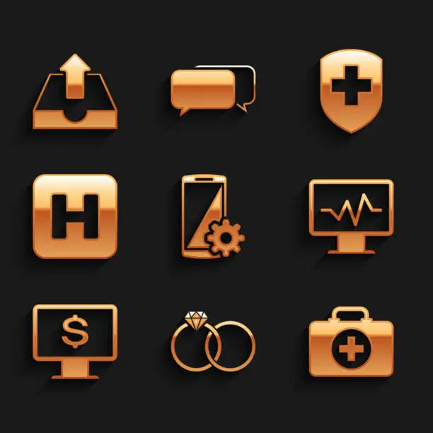 Vector illustration of Set Setting on smartphone, Wedding rings, First aid kit, Monitor with cardiogram, dollar and Hospital icon. Vector