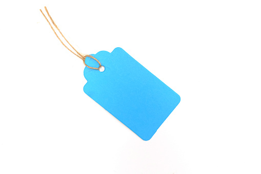 Blank blue tag isolated on white background.