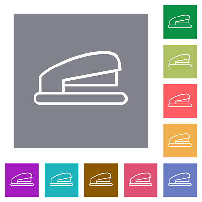 Office stapler outline flat icons on simple color square backgrounds