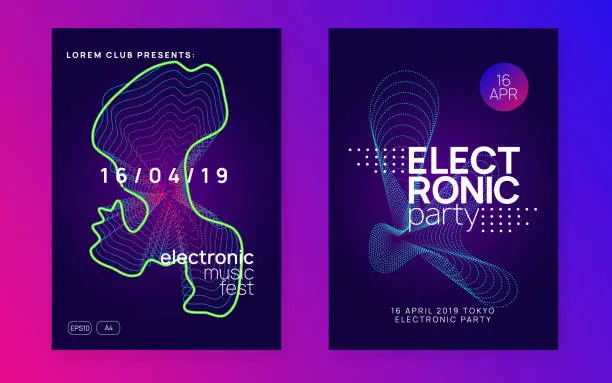 Vector illustration of Music fest neon flyer. Electro dance. Electronic trance sound. Techno dj party. Club event poster.