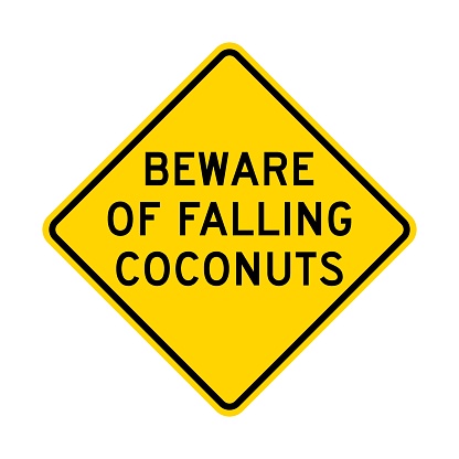 Beware of falling coconuts warning road sign isolated on white background