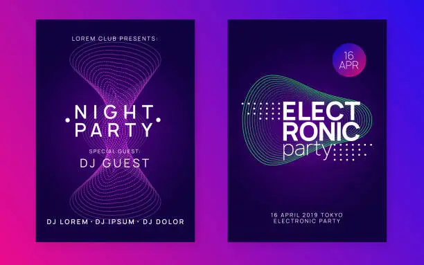 Vector illustration of Music fest neon flyer. Electro dance. Electronic trance sound. Techno dj party. Club event poster.