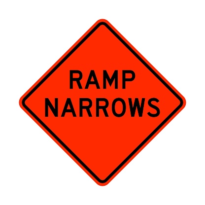 Ramp narrows warning road sign isolated on white background