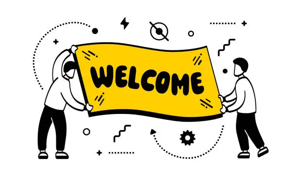 Vector illustration of Custom Characters Holding Banner for Welcome