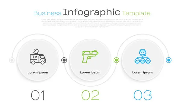 Vector illustration of Set line TV News car, Pistol or gun and Mafia. Business infographic template. Vector