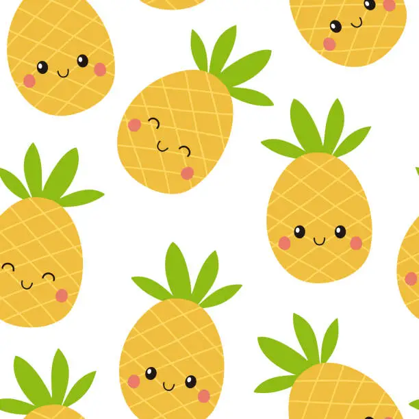 Vector illustration of Cute pineapple seamless pattern. Childish summer background. Vector illustration. It can be used for wallpapers, wrapping, cards, patterns for clothes and other.