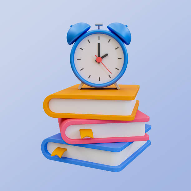 istock 3d minimal stack of books with an alarm clock on top. 3d illustration. 2141514395