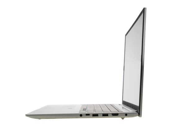 istock Modern portable computer mockup laptop pc isolated on white background copy space. Side view short focus field. 2141516151