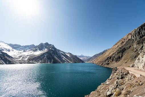 Embalse el Yeso reservoir near to Santiago in the central Chile Andes on a sunny winter day