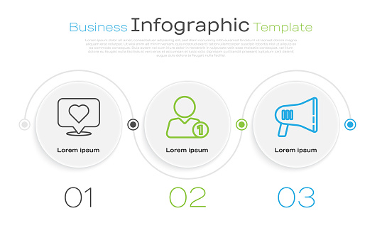 Set line Like and heart, Add to friend and Megaphone. Business infographic template. Vector