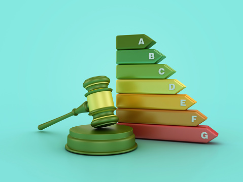 Legal Gavel with Efficient Energy Diagram - Colored Background - 3D Rendering