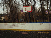 basketball court and backboard with the hoop metal ring